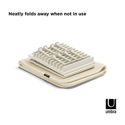 Umbra Udry Dish Rack with Movable Pegs and Microfiber Drying Mat – Space-Saving Design Folds Up for Easy Storage, Basic Rack, Linen - color: Linen, style: Rack with Pegs