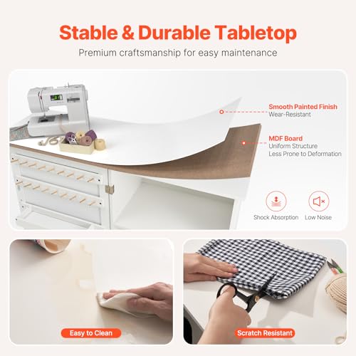 VEVOR Folding Sewing Table, Multipurpose Sewing Machine Table with Compact Design, Wheels, Shelves, Storage Trays, Wooden Pegs, and Magnetic Doors, Sewing Desk Cabinet for Sewing Machine, White - size: White w/o Cabinet