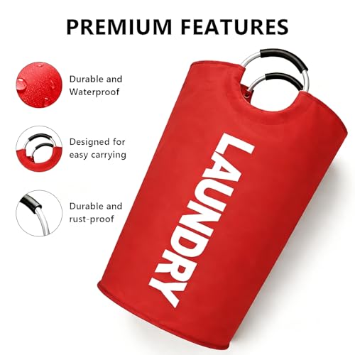 A large 90 liter laundry basket that can be folded for easy carrying. Suitable for bathrooms, laundry rooms, and travel (Red) - color: Red