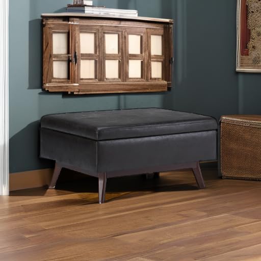 SIMPLIHOME Owen Coffee Table Storage Ottoman - 34 inch Wide Upholstered Vegan Leather Rectangular Lift-Top Ottoman in Distressed Black, Mid-Century Modern Bench for Living Room with Tapered Legs