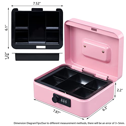KYODOLED Medium Cash Box with Combination Lock Safe Metal Money Box with Money Tray for Security Lock Box 7.87x 6.30x 3.54Inch Pink Medium - color: Pink, size: Medium
