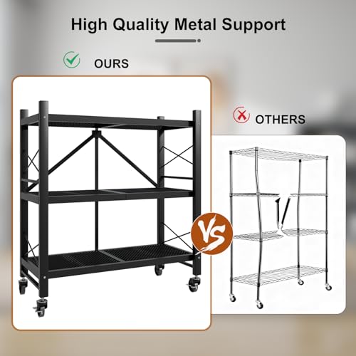 Grezone Foldable Shelves 3 Tier Heavy Duty Metal Storage Shelves with Wheels - No Assembly Collapsible Shelving Unit for Kitchen Garage Hold up to 750 lbs - size: 39‘’W x 13.5''D x 39''H