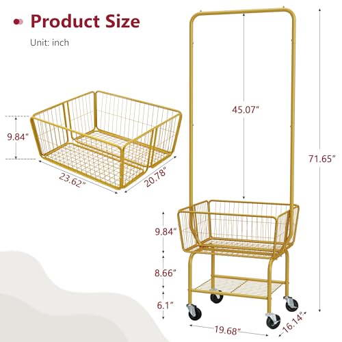 Tajsoon Laundry Cart with Wheels, Metal Rolling Laundry Hamper with Hanging Rack, Storage Basket and Shelf, Gold - color: Gold