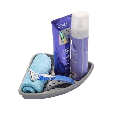 madesmart Bathtub Corner Shelf, Storage for Soaps, Shampoo Bottles & Bath Accessories, Strong Suction Cup, Drainage Holes, Grey