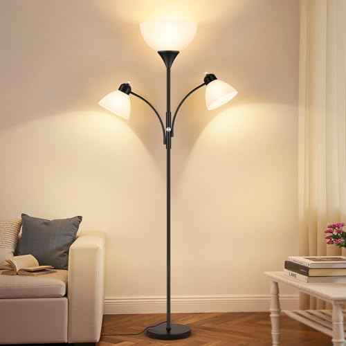 Floor Lamp for Living Room,72" Dimmable Torchiere Lamp with 2 Reading Lights for Bedroom, Black Tall Standing Room Lamp, 3 Bulbs Included