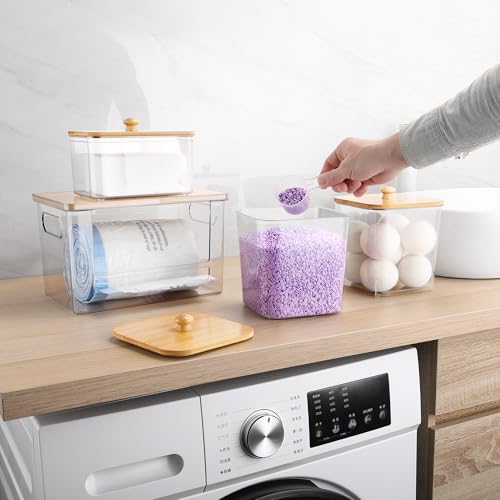 Extra Large Trash Bag Holder 4 Pack Garbage Bag Dispenser Roll Holder with Lid Laundry Room Organizer Under Sink Stackable Storage, Wall Mounted Laundry Dryer Sheet Holder Clear Pod Container - color: 4Pcs