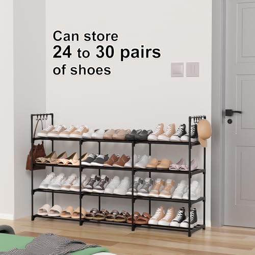 3 Row 4 Tier Long Shoe Rack, Black Metal Stackable Shoe Shelf with Multifunctional Hooks, Shoe Storage Hold 24-30 Pairs, Space Saving Shoe Organizer for Closet,Wide Shoe Rack - size: 3 Row 4 Tier