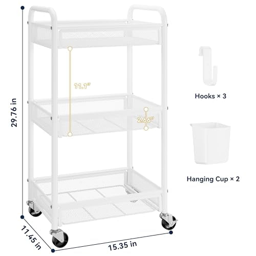 YASONIC 3 Tier Rolling Cart – Metal Utility Storage Carts with Wheels, Craft Carts Organizer with Hanging Cups, Hooks, Mesh Basket for Bedside Kitchen Office Art, White - color: White