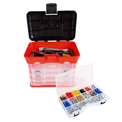 Portable Tool Storage Box - Small Parts Organizer with 4 Multi-Compartment Trays for Fishing Tackle, Hand Tools, or Craft Supplies by Stalwart