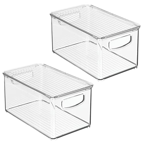 mDesign Plastic Deep Storage Bin Box Container with Lid and Built-In Handles - Organization for Fruit, Snacks, or Food in Kitchen Pantry, Cabinet, or Cupboard, Ligne Collection, 2 Pack, Clear - size: 10.6 x 6.2 x 5.2 (Pack of 2)