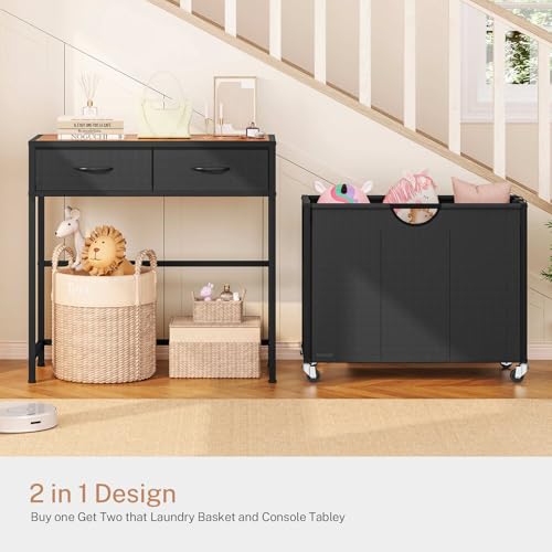 Laundry Sorter 3 Section with Tabletop & 2 Drawers, Rolling Laundry Hamper with Pull-Out and Removable Bags, Laundry Basket Organizer with Wheels and Shelf, Metal Frame Rustic Brown for Laundry Room - size: 155 L