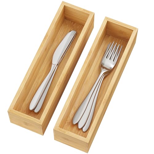 BAMEOS Kitchen Drawer Organizer,Small Silverware Drawer Organizer,Bamboo Utensil Organizer for Bathroom, Dressing Room, Office, Pantry (Natural, 11"x 3") Set of 2 - size: 2 Boxes 11x3"