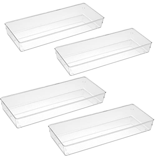 4Pack Large Size Clear Plastic Desk Drawer Dividers Drawer Organizer Wide Tray for Makeup,Kitchen Utensils,Silverware,Jewelries and Gadgets 15’’x6’’ - size: 4P-15x6x2''