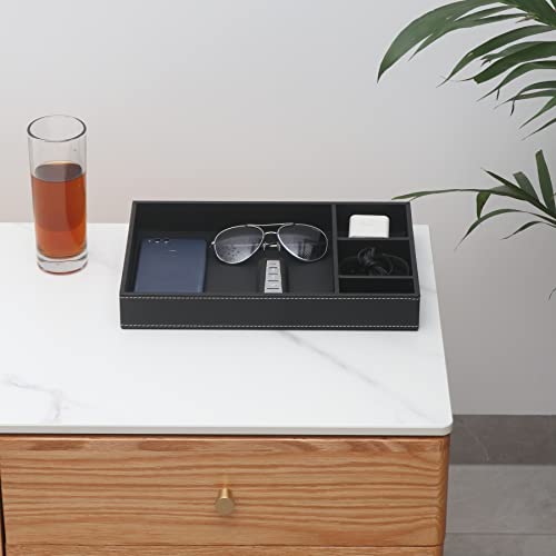 Guestroom Decoration Tray, Nightstand or Dresser Organizer, Valet Tray, 4 Compartment PU Leather Drawer Storage Organizer