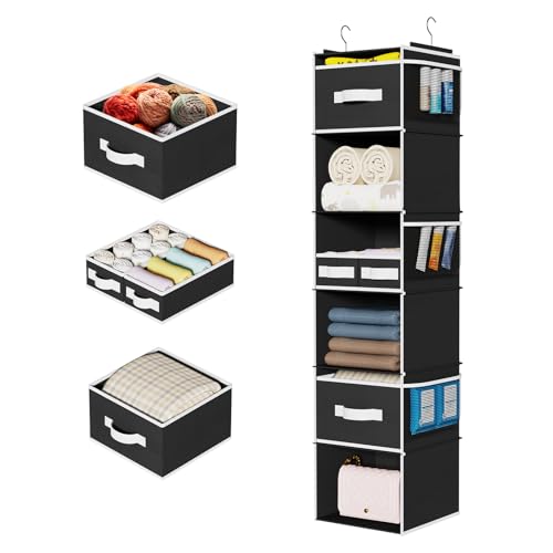 Univivi 6 Shelf Hanging Closet Organizer and Storage with 4 Removable Drawers & 6 Side Pockets,Wardrobe Clothes Organizer,Closet Hanging Shelves,Hanging Storage Organizer,Foldable