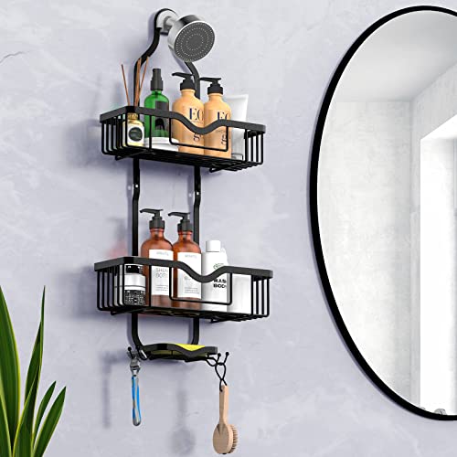 Kadolina Shower Caddy Hanging, Bathroom Organizer Rack, Shower Rack with Soap Dish, Over The Showerhead Caddy with Hooks for Razor/Sponge, Matte Black (Assembly Required) - color: Matte Black