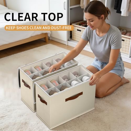 2 Pack Shoe storage Organizer for closet with wheels,No Assemble Required Shoe boxes with premium waterproof material，Adjustable Dividers Fits 16 Pairs,shoe Storage Bins with Reinforced Handle