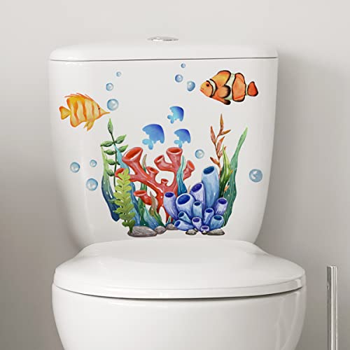 A Washroom Room WC Toilet Seat Stickers Sea and Seaweed Cartoon Underwater World Ocean Pattern 3D View PVC Wall Stickers Decor Decals Art Mural