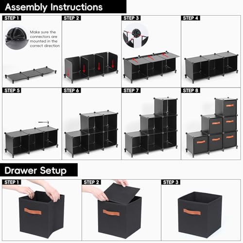 Cube Storage Organizer with Storage Bins, 6-Cube Shelves Units with 6 Organizer Bins, DIY Plastic Storage Shelves with Mallet, Closet Clothes Storage Shelves for Home, Bedroom, Living Room