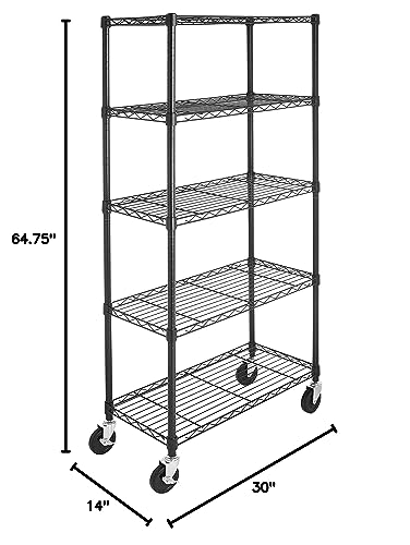 Amazon Basics 5-Shelf Heavy Duty Garage Shelving Storage Rack with 4" Wheel Casters, Adjustable Metal Wire Organizer, 300 lbs Per Shelf, 30" x 14" x 64.75", Black - color: Black