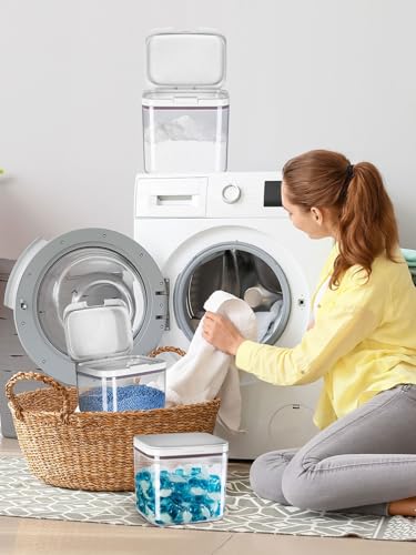 LivLab Mker Laundry detergent dispenser with One-Press Lid,for laundry room organization,Clear PET laundry powder container with Measuring Cup,laundry pods container 2.8L/6Lbs/100oz(120 Pods)