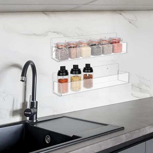 Acrylic Spice Rack Wall Mount-12 Inch, Clear Spice Shelf Storage Holder, 2 Pack Hanging Seasoning Rack Organizer for Cabinet Door, Cupboard or Wall Kitchen (Adhesive or Screw) - size: 12"- 2 Pack