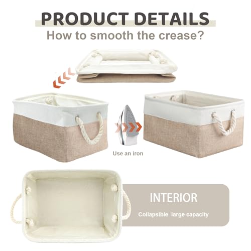 8 Pack Storage Basket Bins - Decorative Baskets Bulk Storage Box Cubes Containers with Handles for Clothes Storage Bathroom, Garage, Books, Home, Office, 13.7L x 9.8W x 6.7H (White&beige)