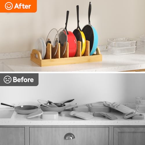 Lifewit Bamboo Pot Lid Organizers for Inside Cabinet, Pan Lid Holder with 6 adjustable Inserts & 7 Sections, Kitchen Pantry organizer and storage, Extra Large, 15.6" X 8.1"/40 x 21cm - size: Extra Large(15.6" x 8.1")