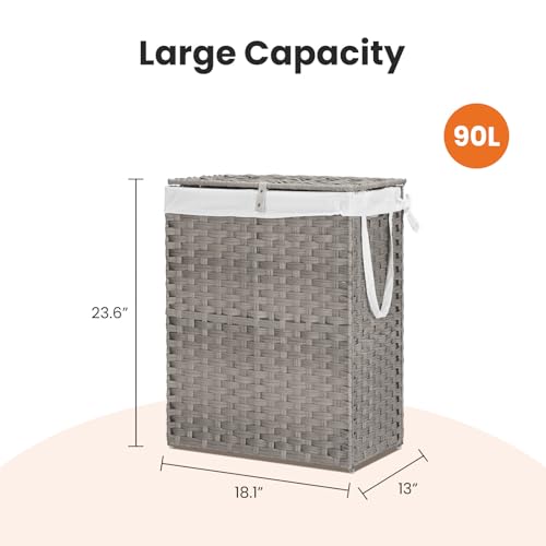 90L Laundry Hamper with Lid, Hand-Woven Pp Rattan Laundry Basket with Compartments & Handles, Removable Liner Bags,Foldable, Narrow Dirty Clothes Basket, Grey - color: 90L-Grey