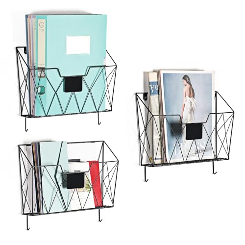 OYEAL Hanging Wall File Organizer, 6 Pockets Wall File Holder, Metal Mail Organizer Wall Mounted with Hooks for Papers, Folders, Office Magazine Rack, Black