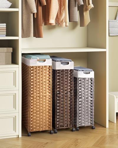Greenstell Laundry Hamper with Wheels & Handles, 26.4 Gallon (100L) Slim Laundry Basket with 2 Removable Liner Bags & 2 Mesh Bags, Foldable Narrow Clothes Hamper for Bedroom, Bathroom, Closet, Natural - color: Natural, size: 100L (21.7 x 9.8 x 30.7 inches
