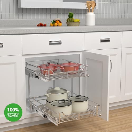 JOWBOOW 2-Tier Pull Out Cabinet Organizer (17" W x 22" D), Pull Out Shelves and Drawer for Kitchen Pantry Storage Basket, Heavy-Duty Metal Sliding Shelf, Chrome Finish - size: 17 x 22 Inch