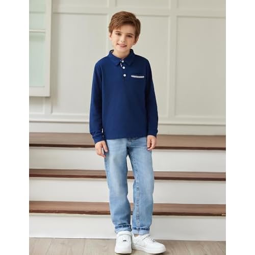 Arshiner Boy's Long Sleeve Plaid Trim Polo Shirt School Uniform Shirt with Pocket for 4-12 Years
