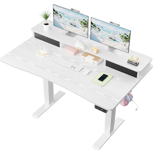 Veken 47.2"×27.6" Home Office Standing Desk with Monitor Riser, Adjustable Computer Desk with Drawers, Ergonomic Desk for Work, Study, Gaming, Crafting, White - color: White