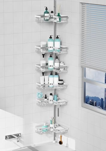 KEGII Corner Shower Caddy Tension Pole, Adjustable Shower Tension Rod Organizer, Floor to Ceiling Shower Caddy 25-114.2 inch, Silver - style: Tension Caddy 6 Pack-Brushed Silver