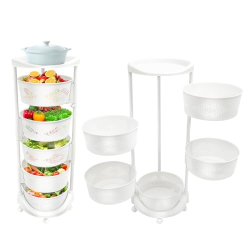 Multi-Layer Vegetable Rotating Basket Rack, Fruit Snack Storage Kitchen Organizer, White Storage Cart, Fruit Basket for Kitchen with 5 Lockable Casters, Vegetable Rack (5 Tiers) - size: 5 Tiers