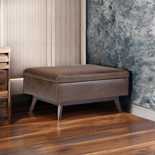 SIMPLIHOME Owen Coffee Table Storage Ottoman - 34 inch Wide Upholstered Vegan Leather Rectangular Lift-Top Ottoman in Distressed Chestnut Brown, Mid-Century Bench for Living Room with Tapered Legs