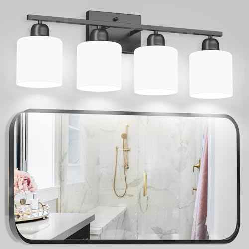 4-Light Black Bathroom Vanity Light, Light Fixtures with Milky White Frosted Glass Shades, Black Vanity Light for Bathroom Mirror, Bedroom, Living Room, Vanity Table, E26 Base