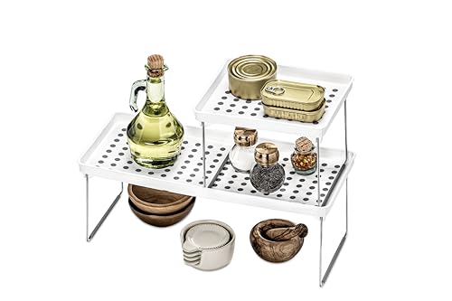 madesmart Small Stacking Shelf, Organizer for Spices, Make-Up, Bottles & Jars, Collapsible Legs for Cabinet or Counter Storage, White