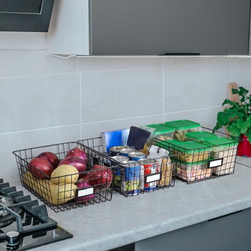 8 Set, Extra Large Wire Baskets for Organizing with Lables, Cabinet Pantry Organization and Storage Bins - Metal Basket for Kitchen, Laundry, Garage, Fridge, Bathroom Countertop Organizer, Black - size: Large-8 Pack