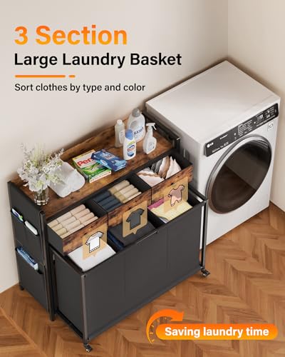 Laundry Hamper Laundry Basket: Rolling Laundry Basket Organizer with Wheels - Laundry Hamper 3 Section with Shelf Drawers Oxford Laundry Bags - Laundry Sorter for Laundry Room Bathroom Bedroom