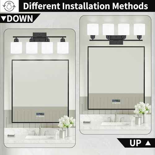 4-Light Black Bathroom Vanity Light, Light Fixtures with Milky White Frosted Glass Shades, Black Vanity Light for Bathroom Mirror, Bedroom, Living Room, Vanity Table, E26 Base