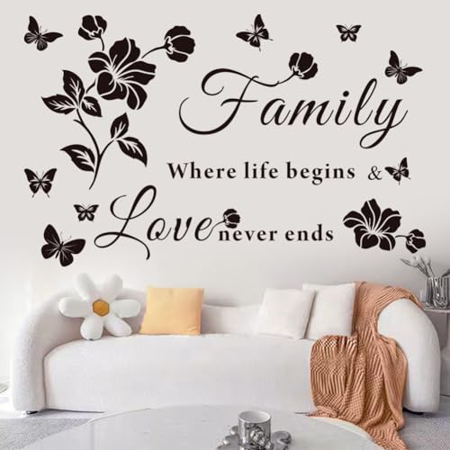Family Wall Decor Stickers, Black Floral Quote Wall Decal Vinyl Sticker for Living Room, Bedroom, Kitchen, Dining, Office, Glass Surface