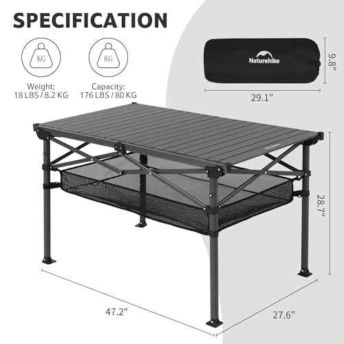 Naturehike Folding Camping Table, Spacious Tabletop Area for 4-6 Person, Portable Aluminum Camp Table for Outdoor, Camping, Picnic, Beach, Carry Bag