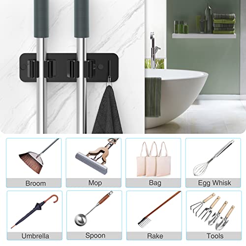 homeasy Wall Mount Mop and Broom Holder, Heavy Duty Stainless Steel Organizer Rack with Hooks | 2-Pack, 2-in-1 No Drill & Screw Installation, Black - color: Black-2