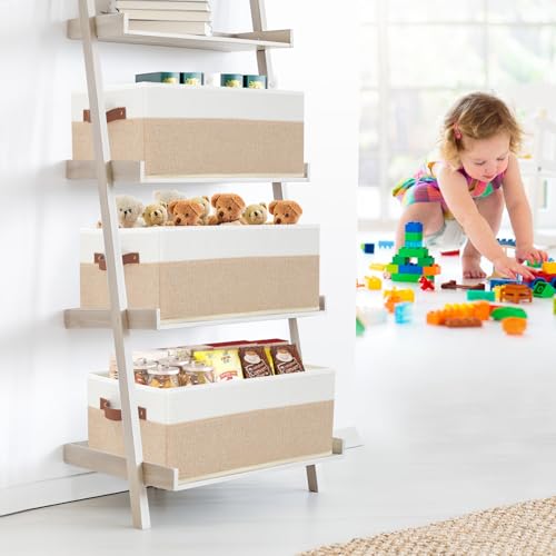 6 Pack Fabric Storage Bins, Large Storage Baskets for Shelves, Foldable Closet Organizer Storage Boxes with Leather Handles for Clothes, Sheets, Jeans, Toys, Books (Beige and White) - style: 6 Pack Beige & White