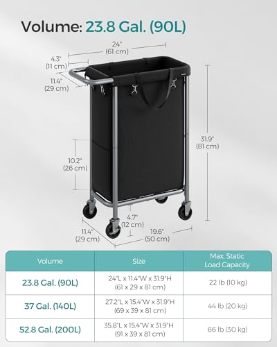 SONGMICS Laundry Basket with Wheels, Rolling Laundry Hamper, 23.8 Gallons (90 L), Removable Liner, Steel Frame with Handle, 24 x 11.4 x 31.9 Inches, Ink Black URLS003B01 - color: Ink Black, size: 90 L (1-Section), style: Rectangular with handle