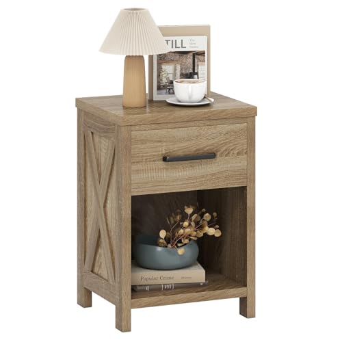 Giantex Farmhouse Nightstand, Wooden Bedside Table with Storage Drawer & Open Shelf, End Side Table, Rustic Night Stand for Small Space Bedroom & Home Office, Natural