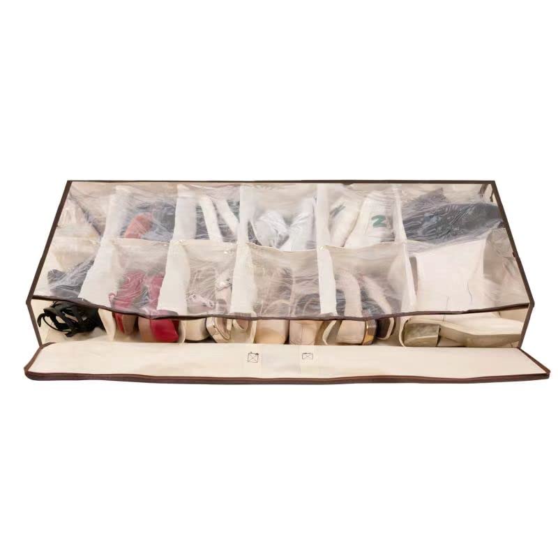 Men/Adults 12 Cells See Through Underbed Shoe Storage Bag Organizer with black and white flower (beige) - color: beige