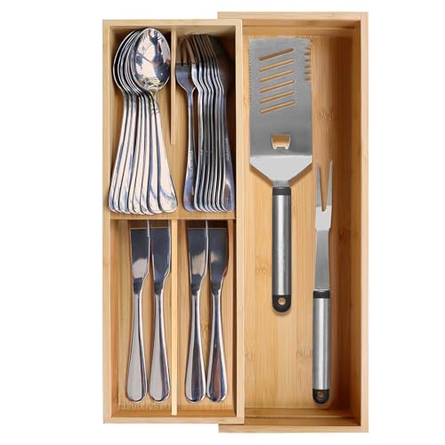 guiogc Expandable Bamboo Kitchen Drawer Organizer - Silverware Organizer - Utensil Holder and Cutlery Tray for Flatware Organizers and Kitchen Utensils - size: 10"Wx16"D (Expandable)